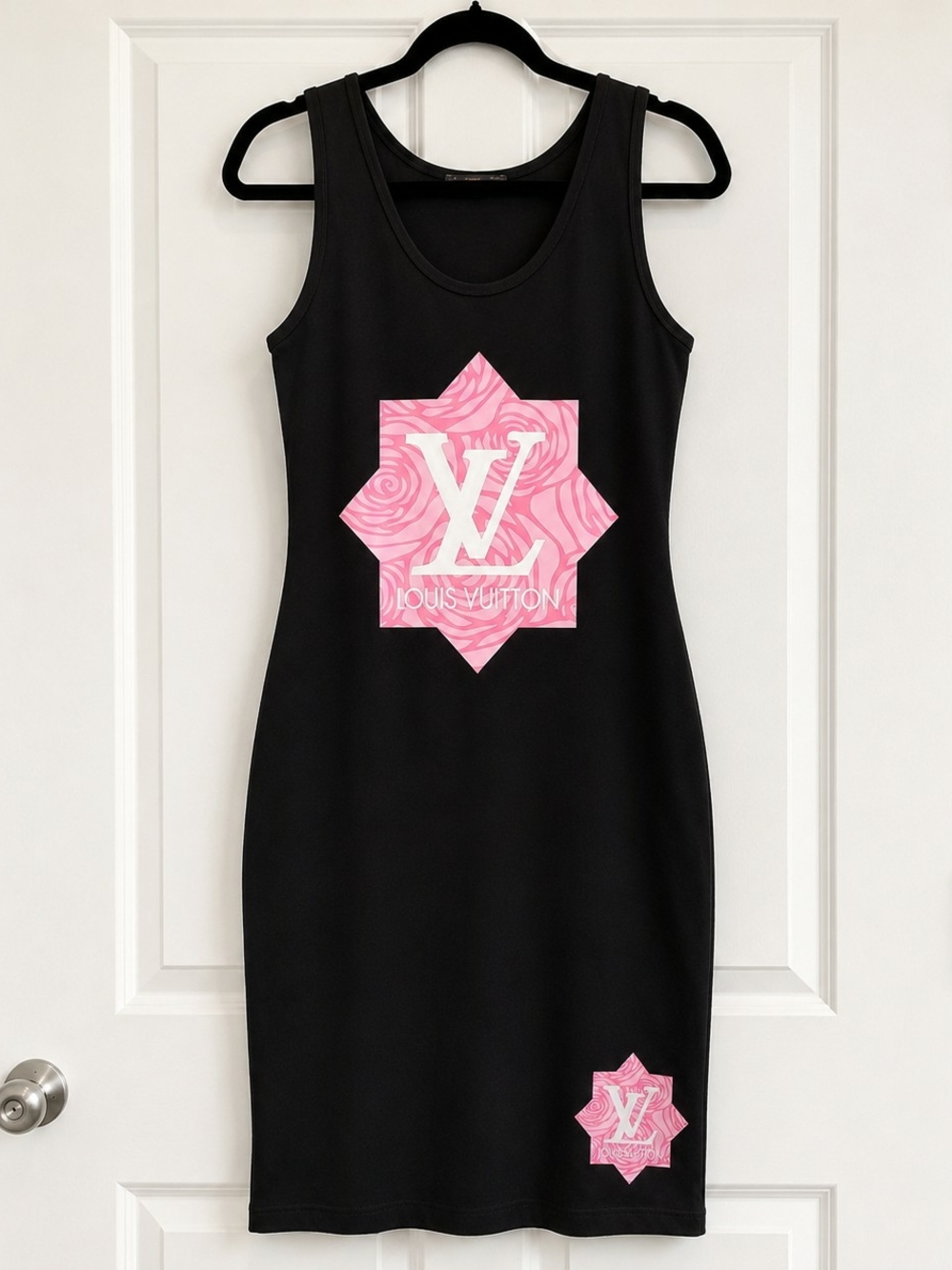 Black Midi Tank Dress with Pink Logo Stars